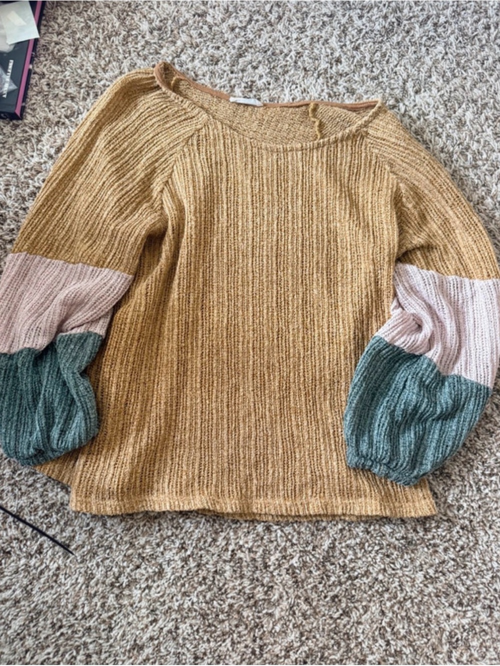 Colorblock Balloon Sleeve Crewneck Sweater - Mustard, Pink & Teal